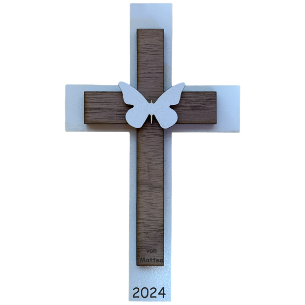 Palmstock doppeltes  Kreuz "Weiß-Nussbaum" mit Jahr und Name