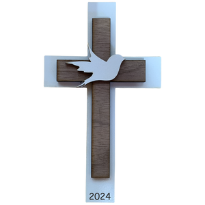 Palmstock doppeltes Kreuz "Weiß-Nussbaum" mit Jahr