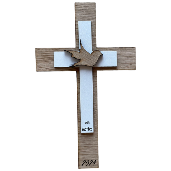 Palmstock doppeltes Kreuz "Eiche-Weiß" mit Namen und Jahr