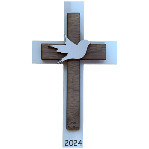 Palmstock doppeltes  Kreuz "Weiß-Nussbaum" mit Jahr und Name