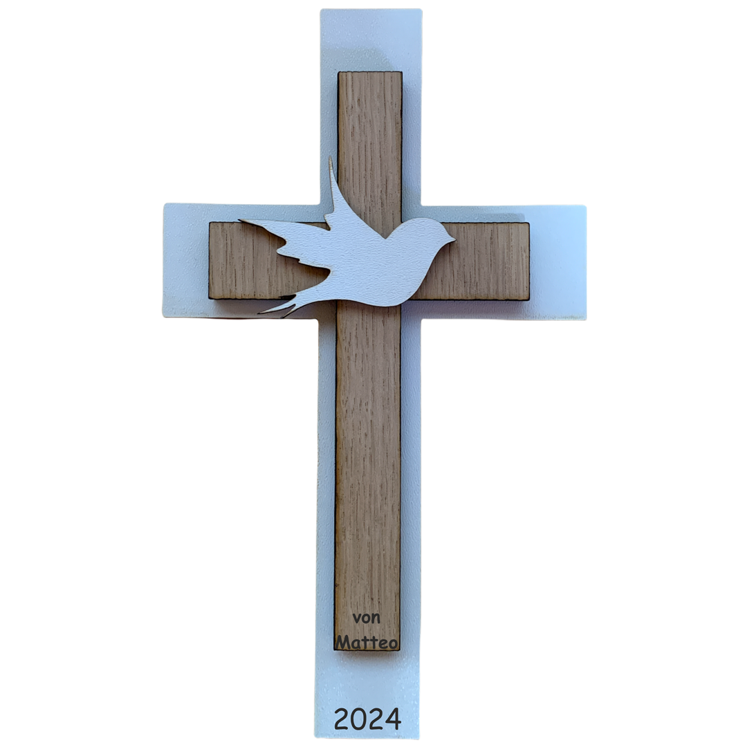 Palmstock doppeltes Kreuz "Weiß-Eiche" mit Jahr und Namen
