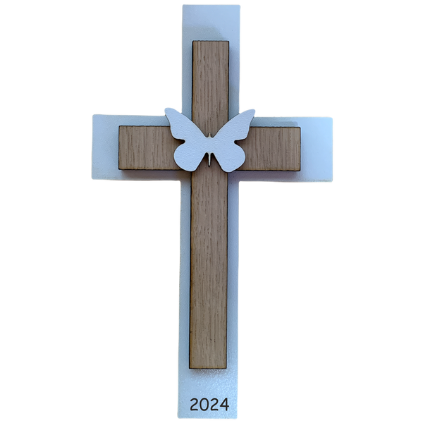 Palmstock doppeltes Kreuz "Weiß-Eiche" mit Jahr