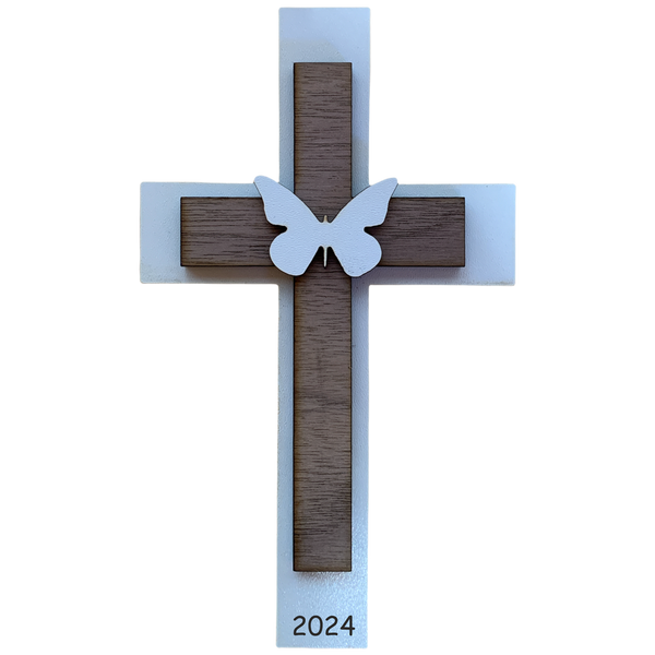 Palmstock doppeltes Kreuz "Weiß-Nussbaum" mit Jahr