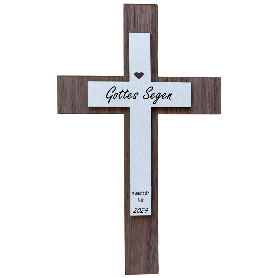 Palmstock doppeltes Kreuz "Nussbaum-Weiß" mit Namen und Jahr