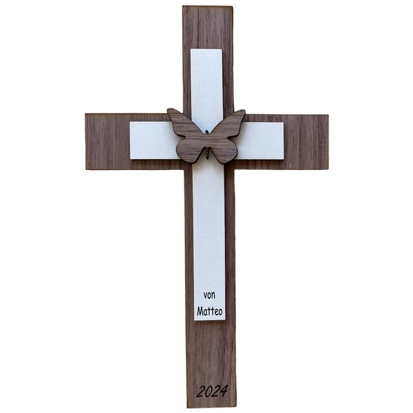 Palmstock doppeltes Kreuz "Nussbaum-Weiß" mit Namen und Jahr