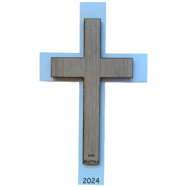 Palmstock doppeltes Kreuz "Weiß-Eiche" mit Jahr und Namen