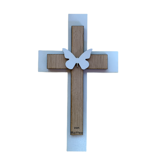 Palmstock doppeltes Kreuz "Weiß-Eiche" mit Name