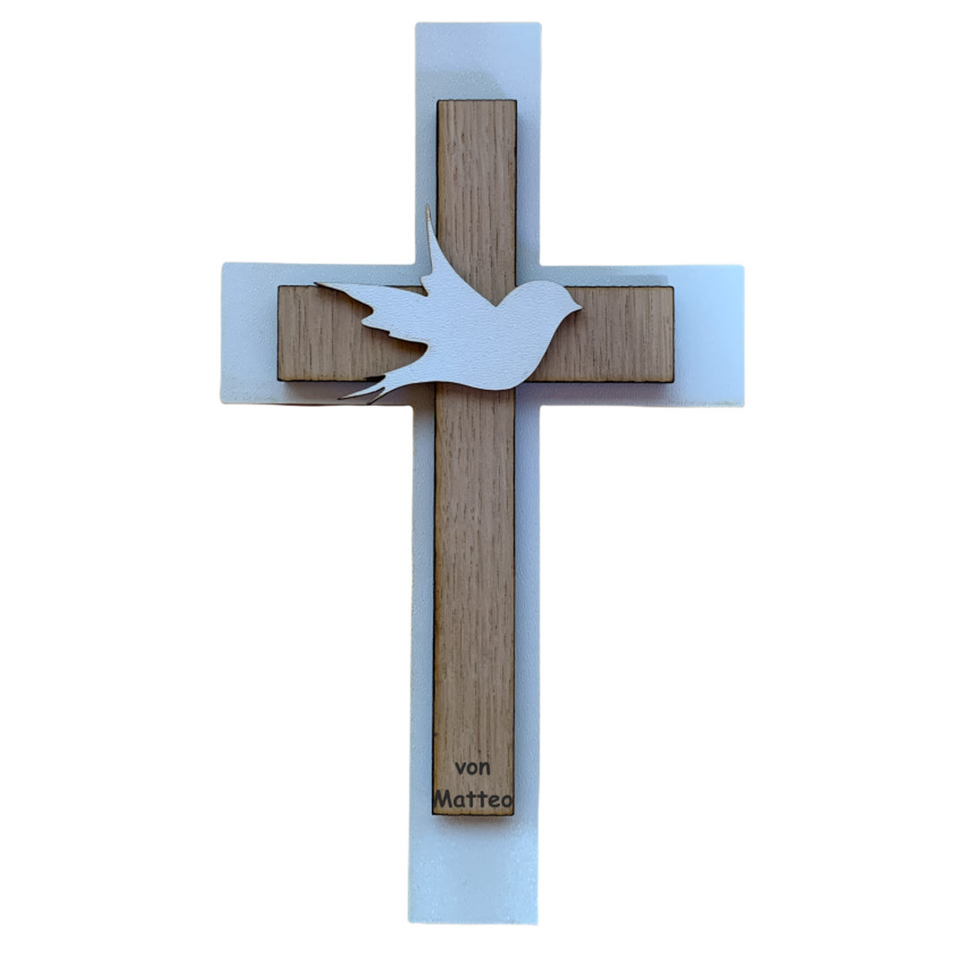 Palmstock doppeltes Kreuz "Weiß-Eiche" mit Name
