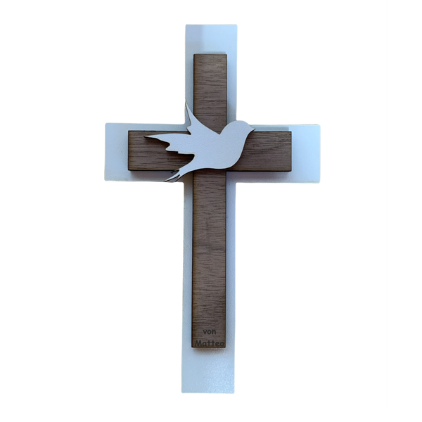 Palmstock doppeltes Kreuz "Weiß-Nussbaum" mit Namen