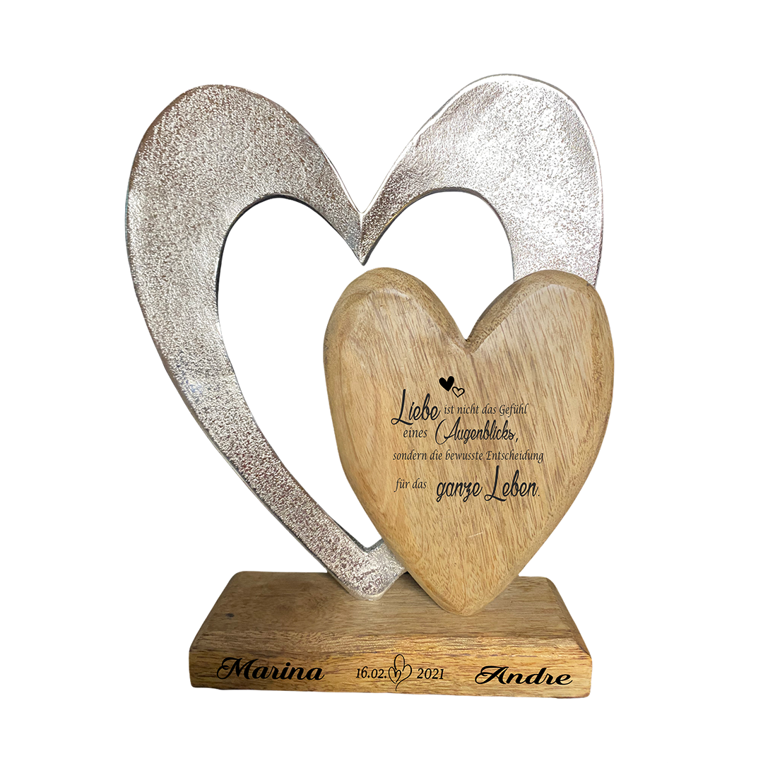 Holzdeko "Herz in Herz" mit Spruch und Namen "Liebe"