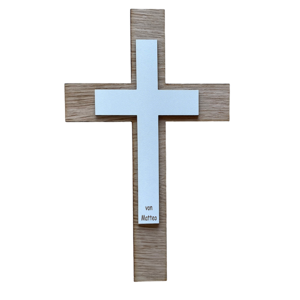 Palmstock doppeltes Kreuz "Eiche-Weiß" mit Namen