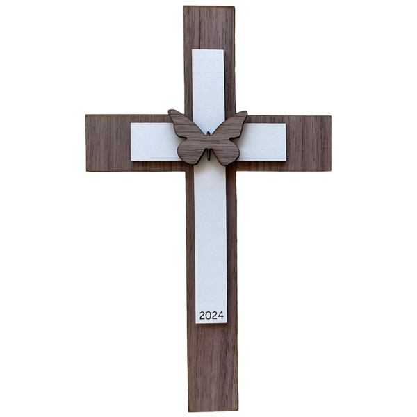 Palmstock doppeltes Kreuz "Nussbaum-Weiß" mit Jahr