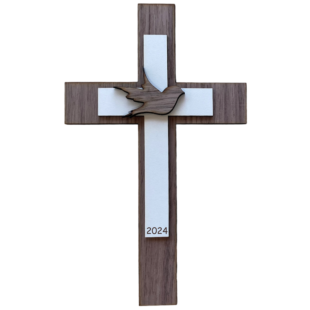 Palmstock doppeltes Kreuz "Nussbaum-Weiß" mit Jahr