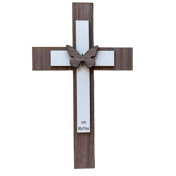 Palmstock doppeltes Kreuz "Nussbaum-Weiß" mit Namen
