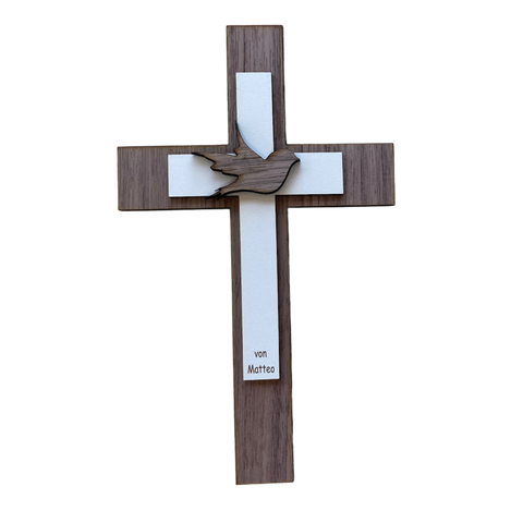 Palmstock doppeltes Kreuz "Nussbaum-Weiß" mit Namen