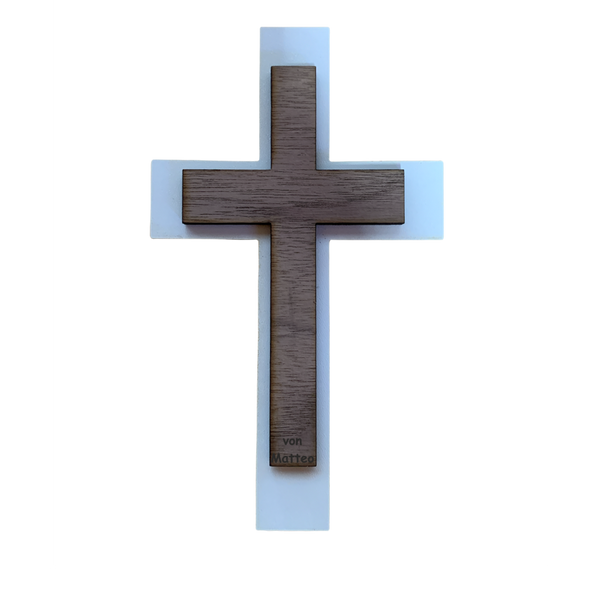 Palmstock doppeltes Kreuz "Weiß-Nussbaum" mit Namen